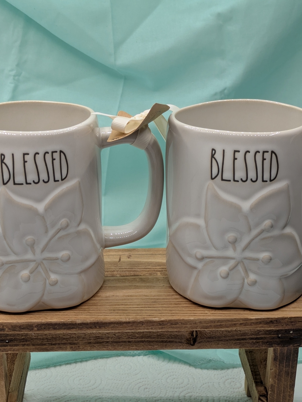 Rae Dunn White Ceramic "Blessed" Floral Mugs - Set of 2